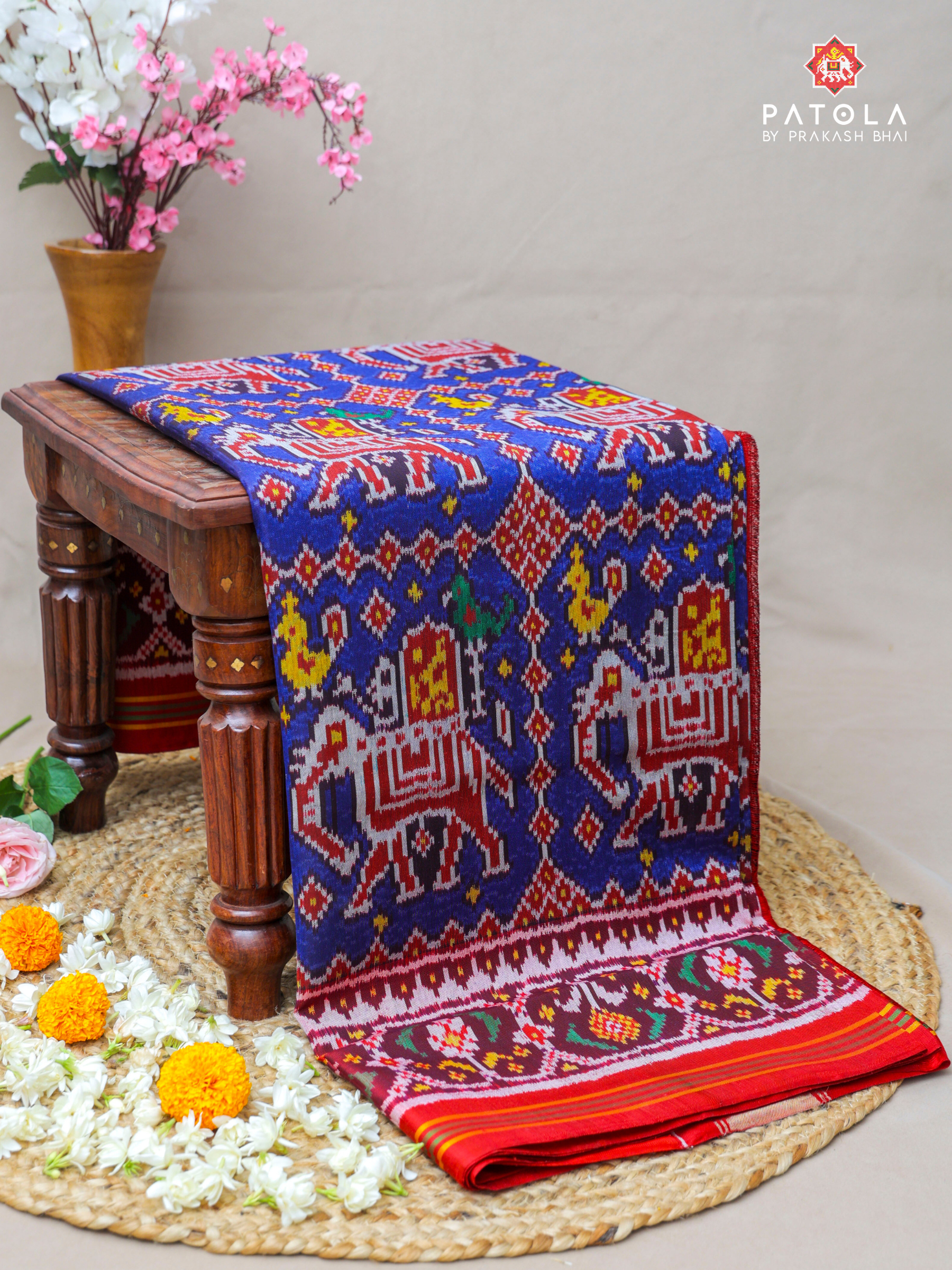 Traditional Big Elephents Designer Semi Double Ikat Patola Saree